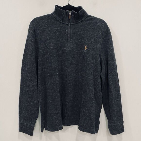 POLO RALPH LAUREN M Black Estate Rib Sweater Pony 1/4 Zip Mock Neck Preppy Golf - Picture 1 of 14